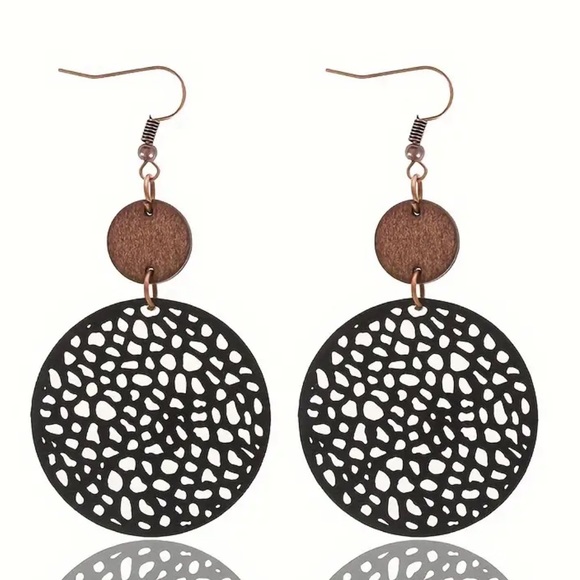 Jewelry - Round Hollow Elegant PU Leather/ Wood Circle Dangle Earrings